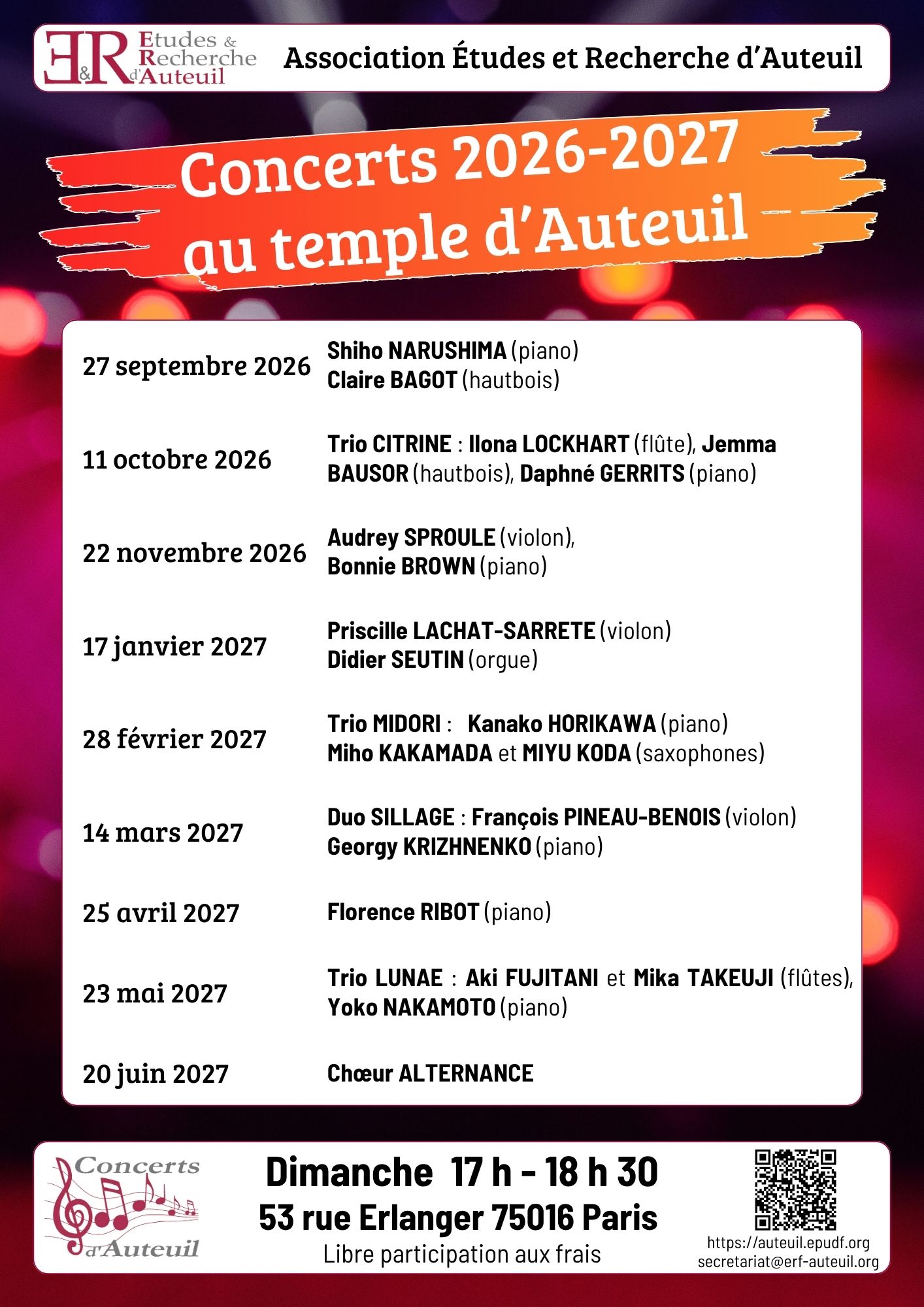 Programme des concerts 2026–2027 au temple d’Auteuil, dont Audrey Sproule et Bonnie Brown le 22 novembre