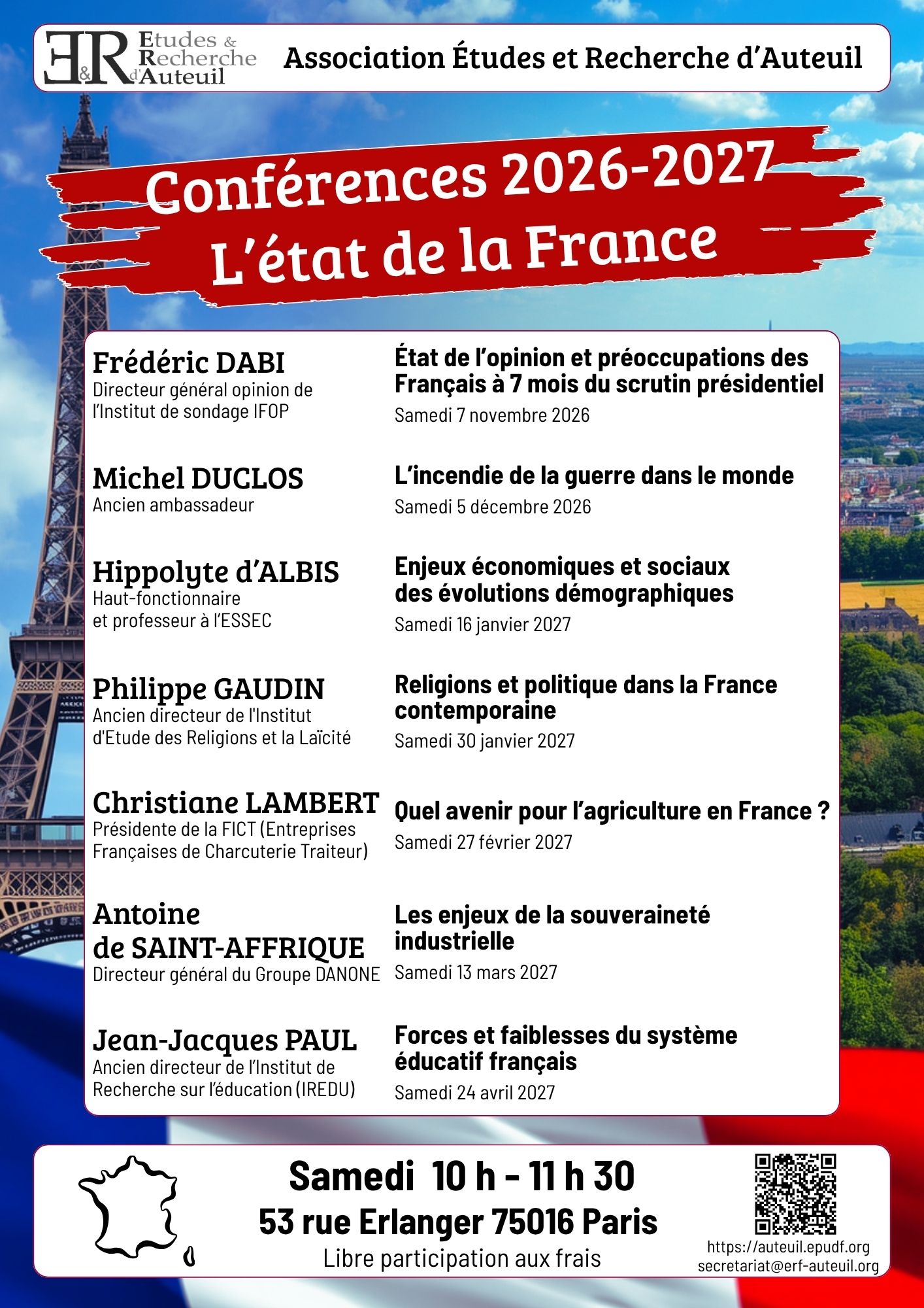Programme des sept conférences 2026–2027 d’Études et Recherche d’Auteuil, du 7 novembre 2026 au 24 avril 2027.
