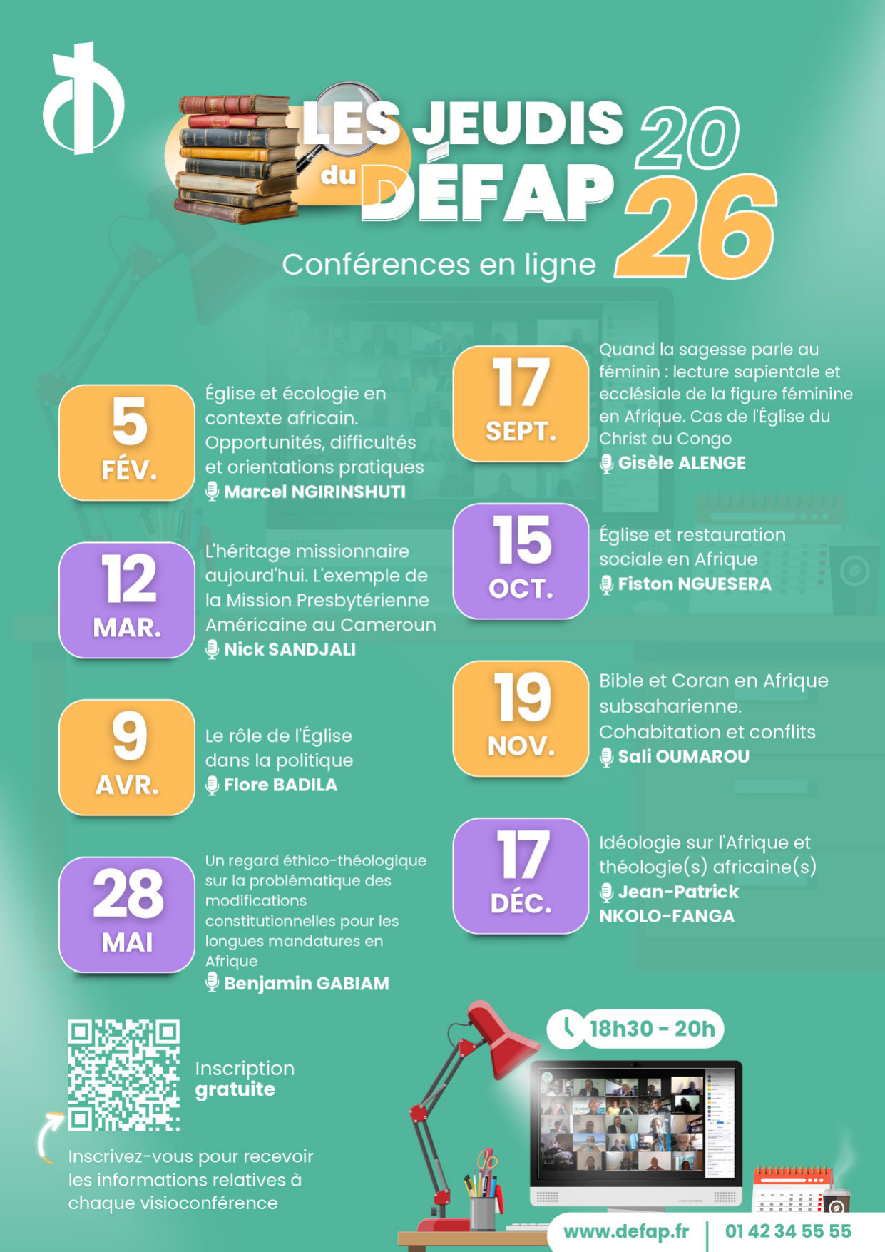 Programme officiel des Jeudis du Défap 2026, conférence du 15 octobre sur l’Église et la restauration sociale en Afrique