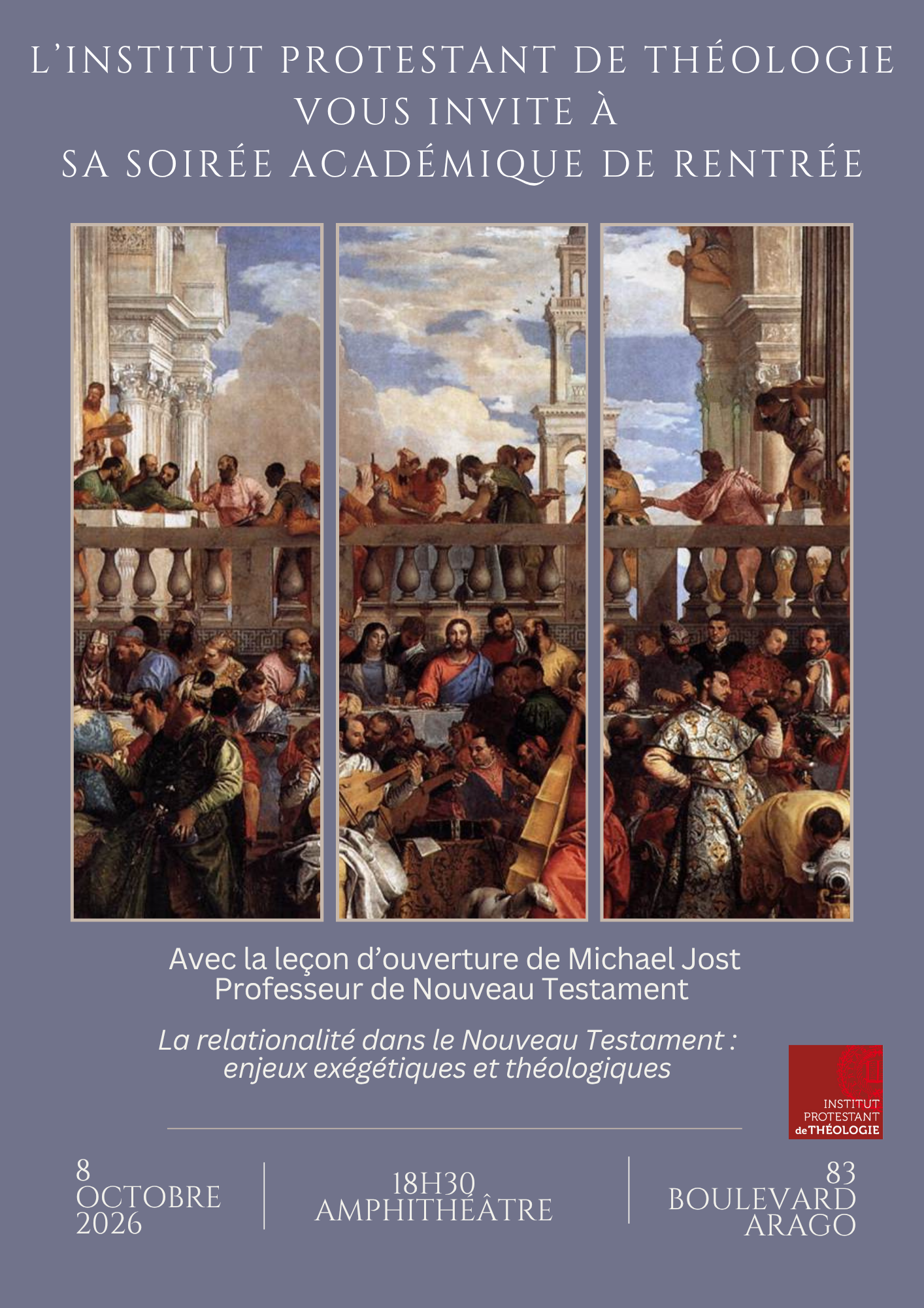 Affiche officielle de la soirée académique de rentrée de l’IPT du 8 octobre 2026 à 18 h 30, avec Michael Jost