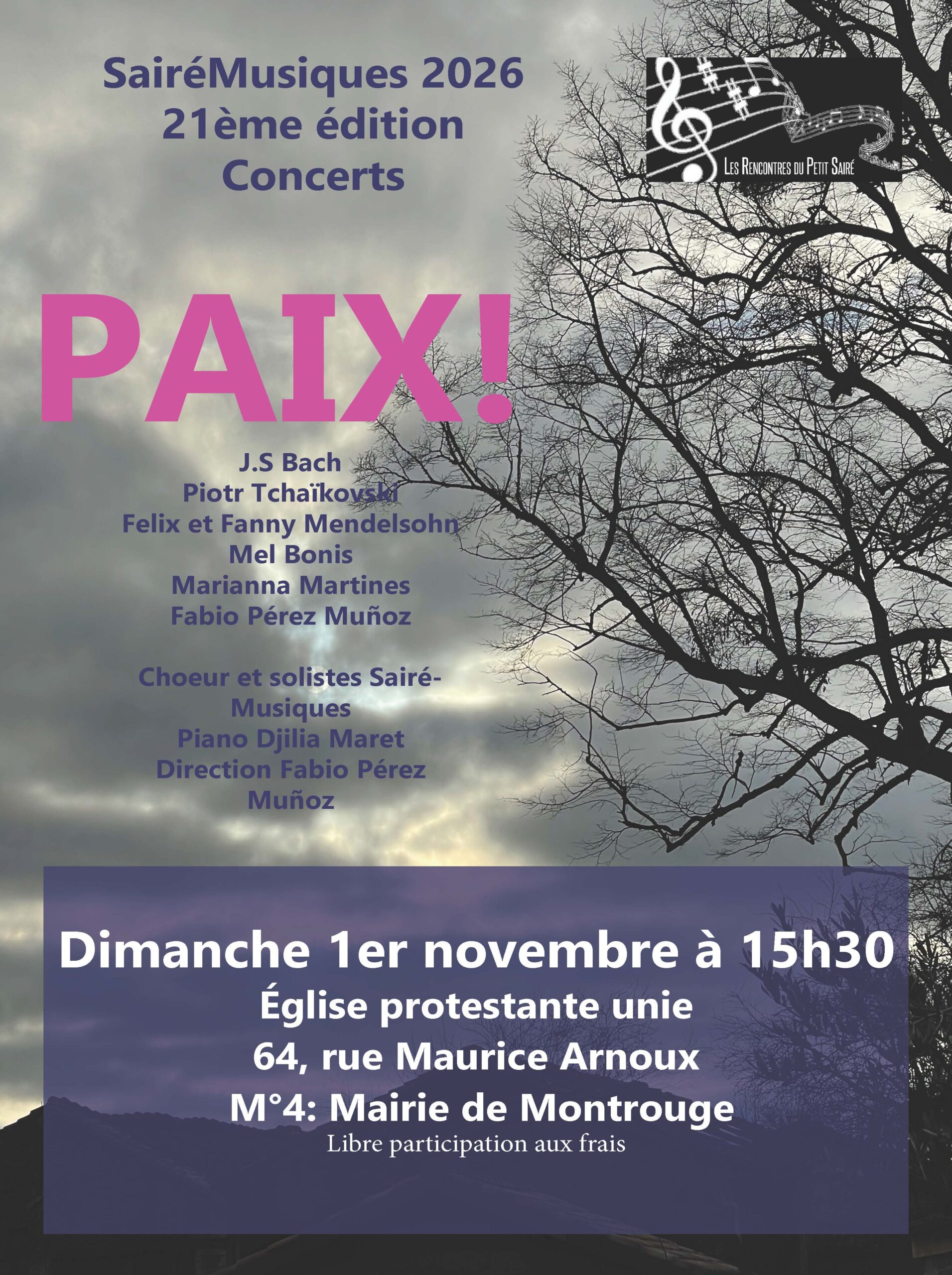 Affiche officielle du concert PAIX !, SairéMusiques, le 1er novembre 2026 à 15 h 30 au temple de Montrouge.