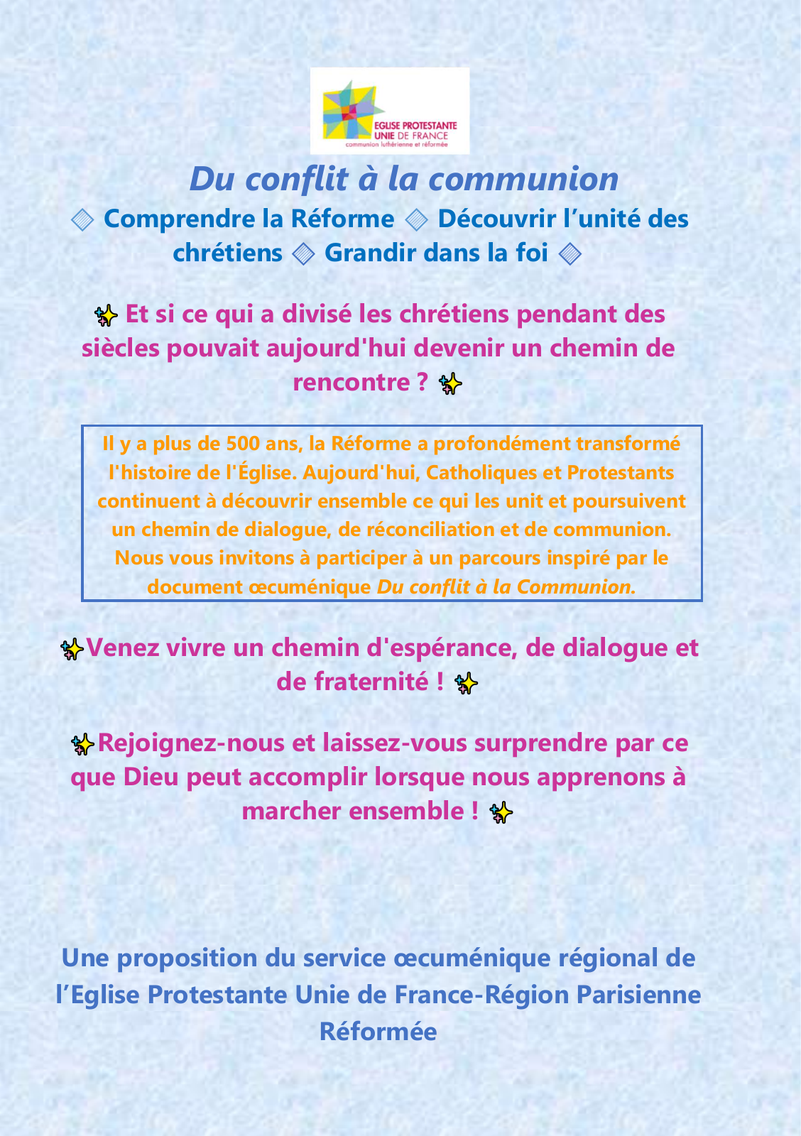 Flyer du parcours œcuménique Du conflit à la communion — 2026–2027