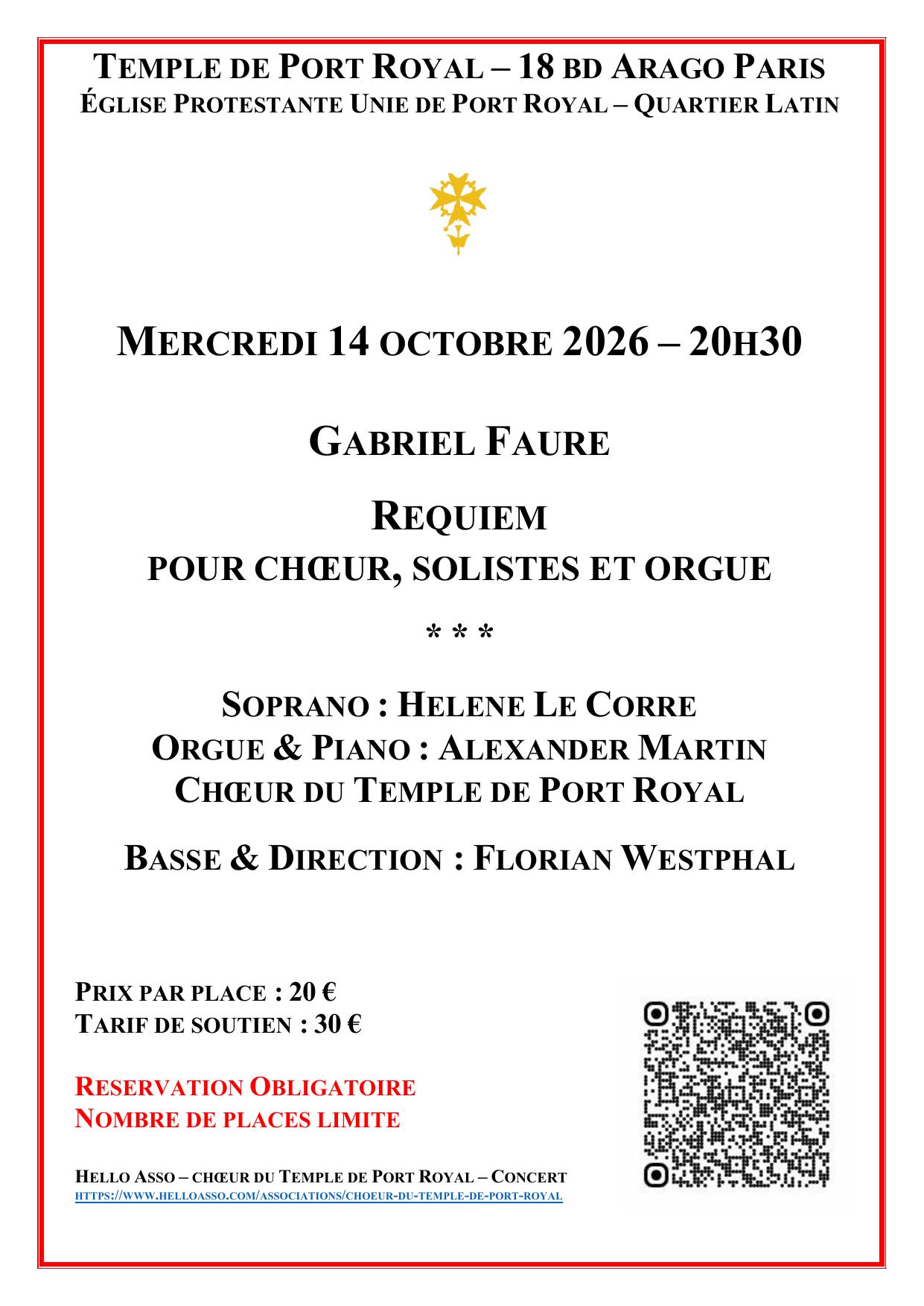 Affiche du Requiem de Gabriel Fauré, le 14 octobre 2026 à 20 h 30 au temple de Port-Royal