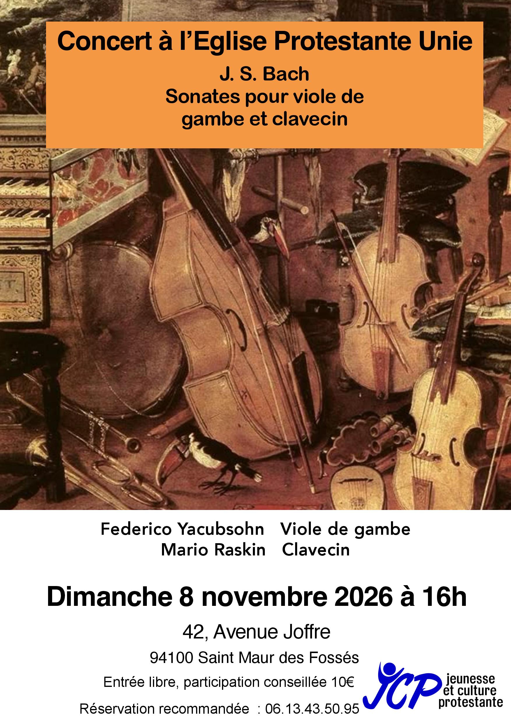 Affiche du concert Bach et Telemann avec Mario Raskin et Federico Yacubsohn au temple de Saint-Maur le 8 novembre 2026 à 16 h