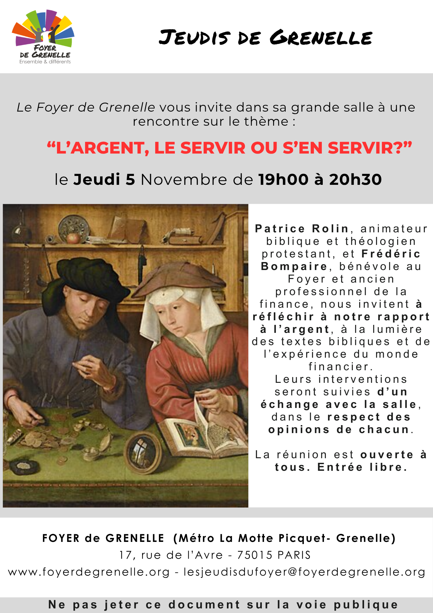 Affiche officielle du Jeudi de Grenelle du 5 novembre 2026 : L’argent, le servir ou s’en servir ?, de 19 h à 20 h 30.