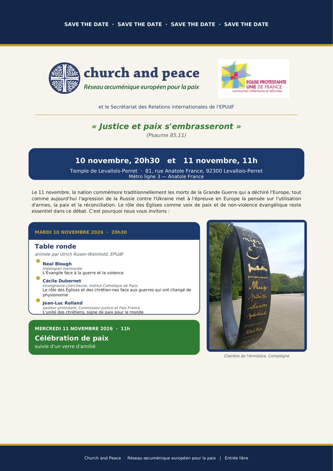 Affiche des rencontres Justice et paix s’embrasseront, les 10 et 11 novembre 2026 au temple de Levallois-Perret