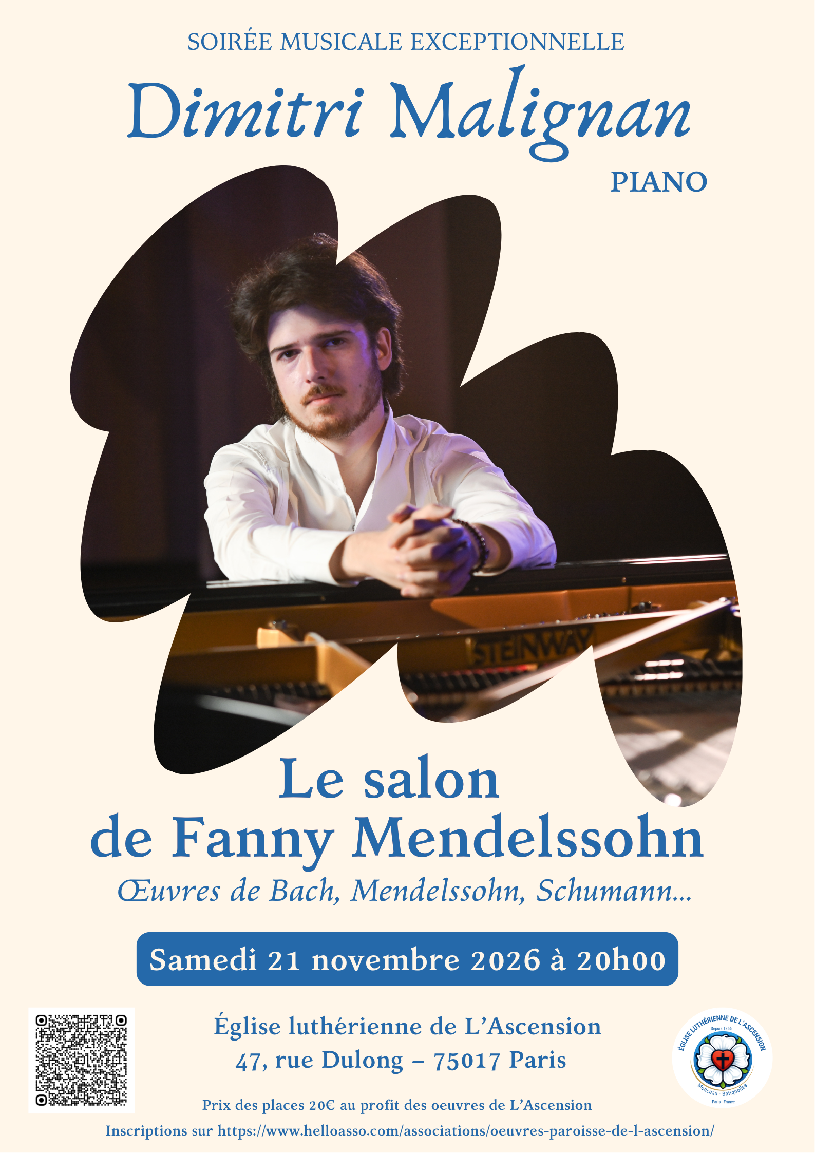 Affiche du récital Le salon de Fanny Mendelssohn, par Dimitri Malignan, le 21 novembre 2026 à 20 h à l’Ascension