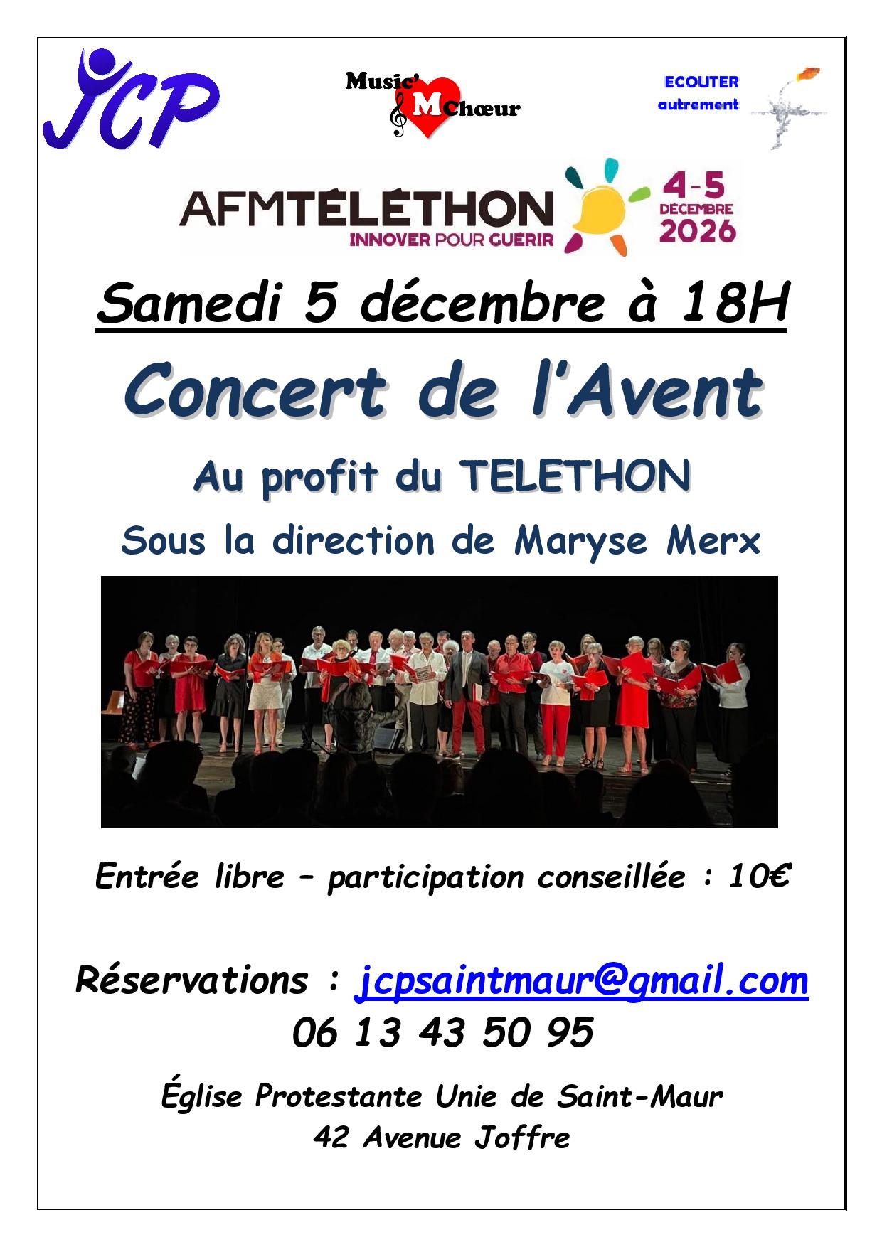 Affiche du concert de l’Avent de Music’M Chœur pour le Téléthon au temple de Saint-Maur, le 5 décembre 2026 à 18 h